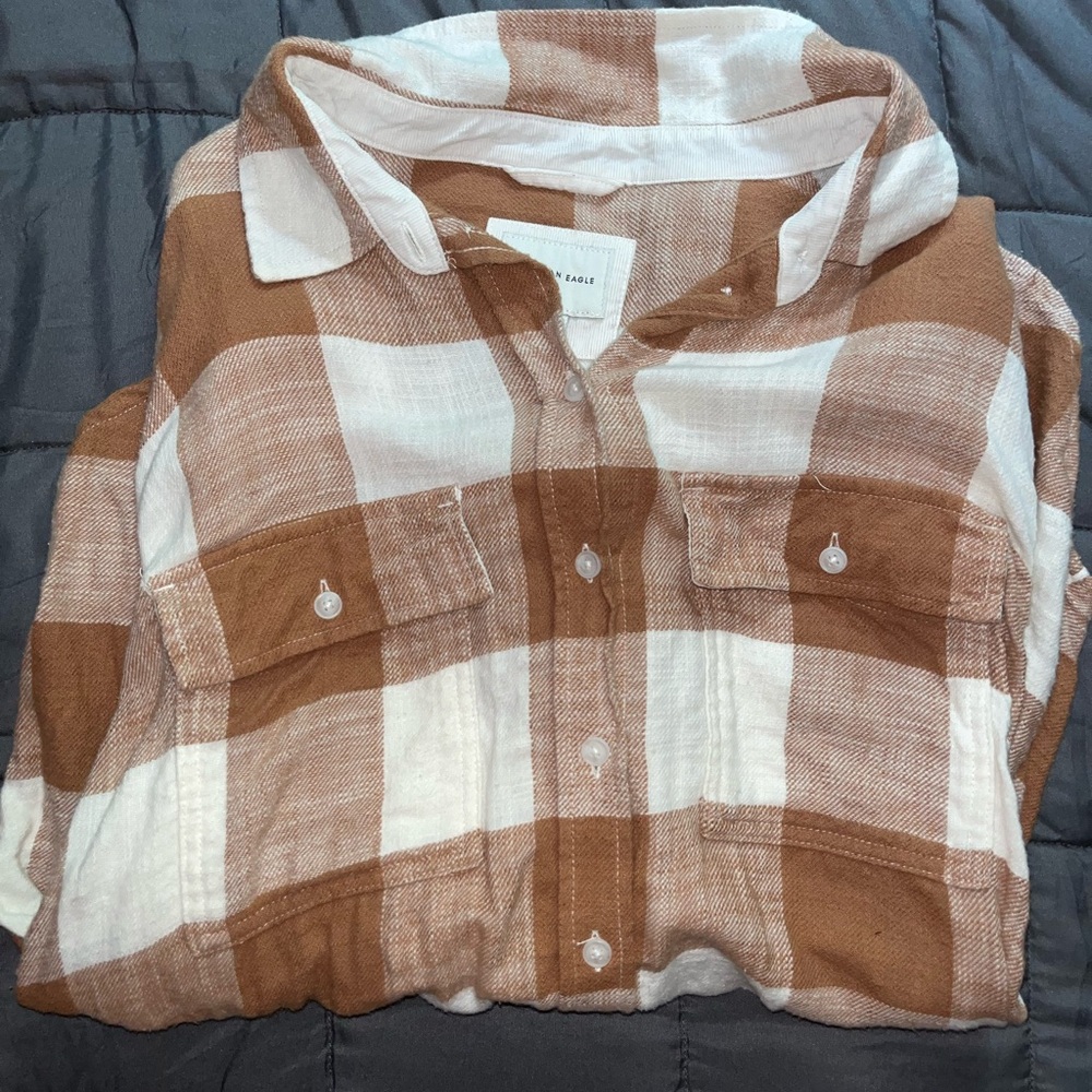 American Eagle Outfitters Tan and White Plaid Shirt